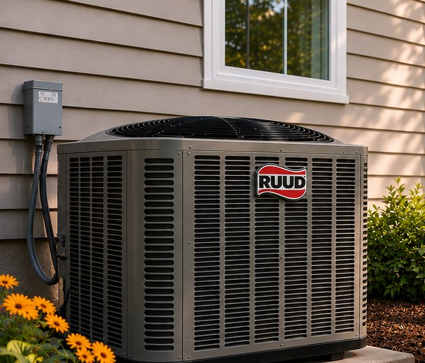 Ruud outdoor air conditioning unit installed by Engle Heating & Air beside a Houston County home